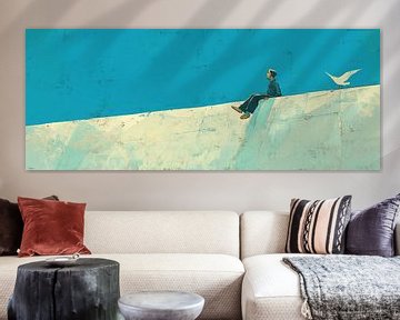 Man Vogel Schilderij | Contemplating Heights with a Bird van ARTEO Schilderijen