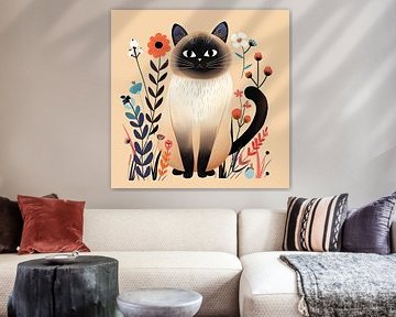 Siamese Kat Muurdecoratie met Bloemen van Vlindertuin Art