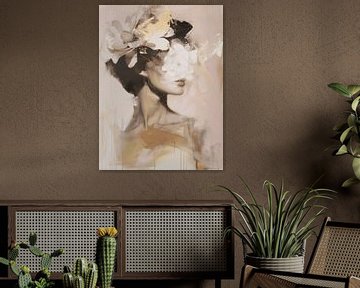 Modern en abstract portret in roze, wit, zwart en goud van Carla Van Iersel