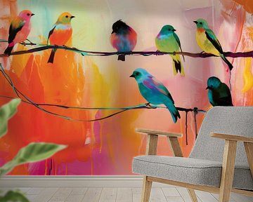 Kleurrijke vogels op een tak van Studio Allee
