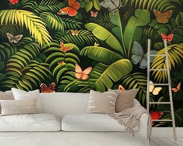 Bunte Schmetterlinge im Dschungel - Gemälde im Stil von Henri Rousseau