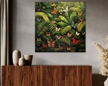 Kleurrijke vlinders in de jungle - Schilderij in de Stijl van Henri Rousseau van Roger VDB