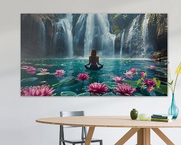 meditierende Frau am Wasserfall