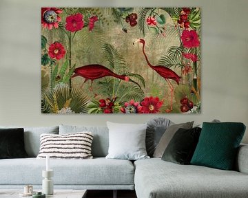 Vintage flamingo's in de jungle van het tropisch regenwoud van Floral Abstractions
