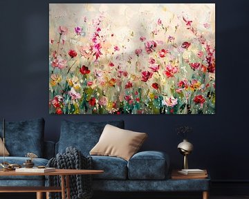 Kleurvol schilderij van een bloemenveld van De Muurdecoratie