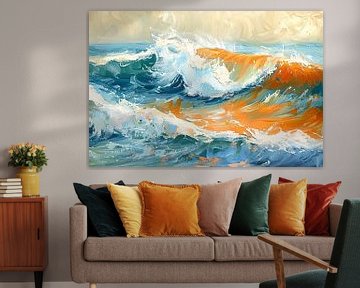 Kleurrijke golvende zee schilderij met dynamiek van Art & Soul Creations