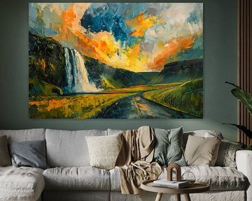 Kleurrijke waterval bij zonsondergang schilderij van Art & Soul Creations