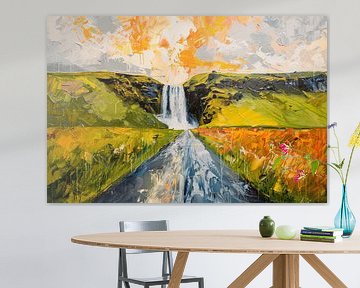 Kleurrijk schilderij van landschap met waterval van De Muurdecoratie