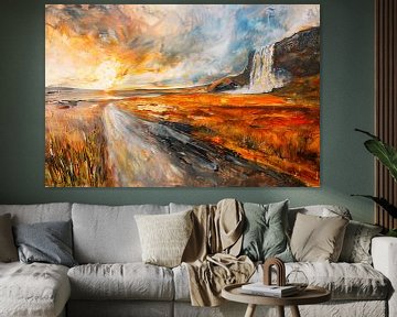 Impressionistische waterval bij zonsondergang schilderij van Art & Soul Creations