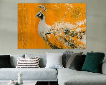 Dynamisch schilderij van een pauw in oranje van De Muurdecoratie
