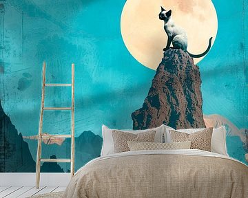 Mystieke Muurdecoratie: Siamese kat en Maanlicht