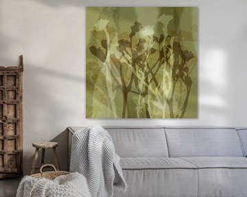 Abstracte retro botanische kunst in camo groen en bruin van Dina Dankers
