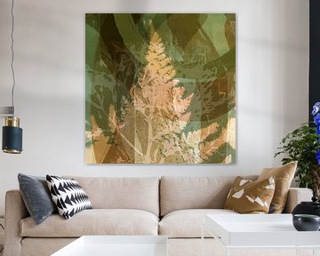 Abstracte retro botanische kunst in groen, bruin, beige. Varen. van Dina Dankers