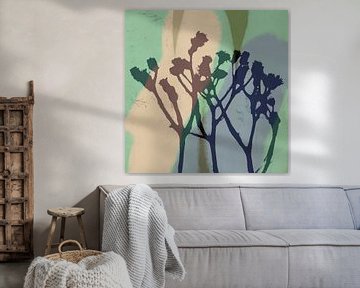 Abstracte retro botanische kunst in groen, blauw, bruin, grijs. van Dina Dankers