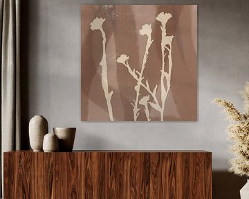 Abstracte retro botanische kunst in bruin en wit. van Dina Dankers