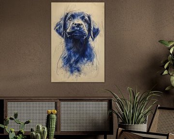 Tekening, chinese inkt, aquarel, hond van Peter Pen Tekeningen en Aquarel schilderijen