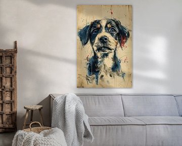 Tekening, chinese inkt, aquarel, hond -3 van Peter Pen tekeningen en schilderijen