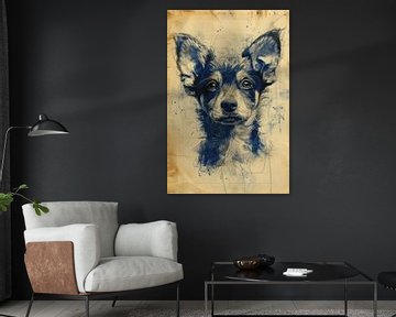 Tekening, chinese inkt, aquarel, hond -4 van Peter Pen tekeningen en schilderijen