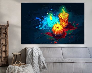 Surreal colourful candles on dark background