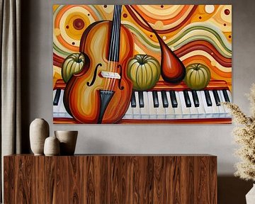Surrealistisch schilderij van viool en fruit van De Muurdecoratie