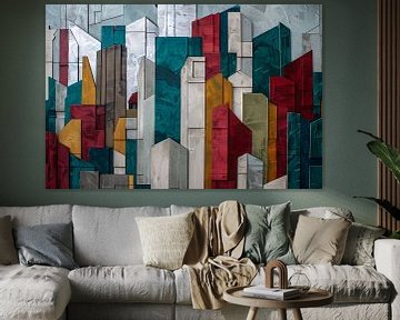 Abstracte kleurrijke skyline met geometrische vormen van De Muurdecoratie