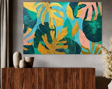 Abstract schilderij met kleurrijke tropische bladeren van De Muurdecoratie