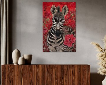 Zebra met bloemen op rode achtergrond van Art & Soul Creations