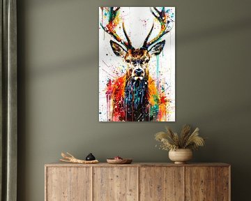 Kleurrijk abstract hert schilderij met spetters van Art & Soul Creations