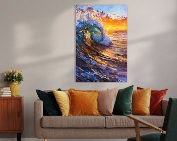 Schilderij van golf bij kleurrijke zonsondergang