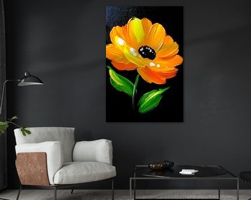 Schilderij van oranje bloem met bladeren van De Muurdecoratie