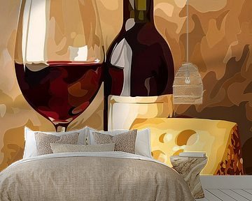 Gemälde eines Wein- und Käsestilllebens von Art & Soul Creations