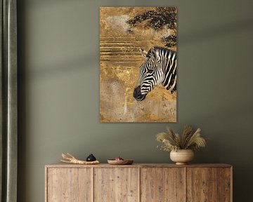 Abstract schilderij van zebra met gouden tinten