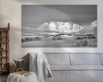 Noors hooggebergte, besneeuwde bergen en landschap in zwart-wit van Martin Köbsch