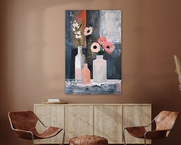 Moderne abstracte bloemen in vazen schilderij