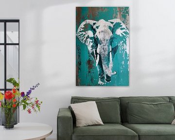 Abstract schilderij van turquoise olifant van Art & Soul Creations