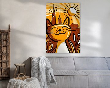 Vrolijk minimalistisch schilderij van een kat van De Muurdecoratie