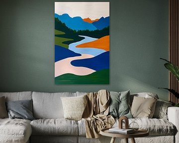 Peinture minimaliste colorée d'une rivière et de montagnes