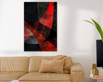 Abstract rood en zwart kunstwerk met diepte van De Muurdecoratie
