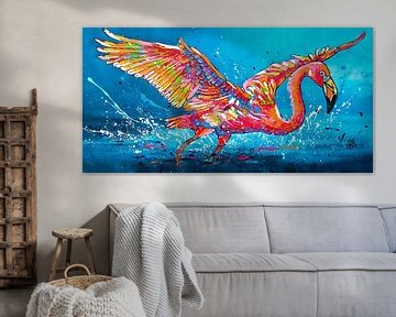 Sprong van de Flamingo van Happy Paintings