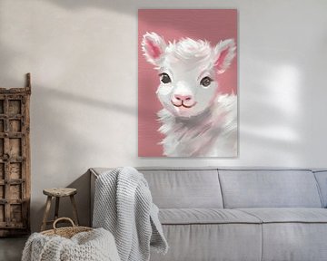 Schattig lammetje met roze achtergrond schilderij van Art & Soul Creations