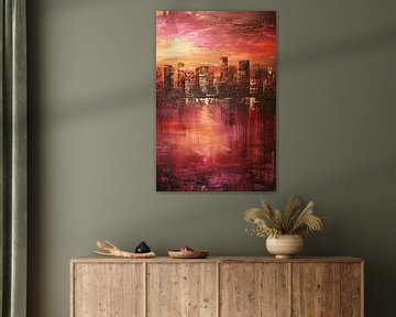 Abstracte skyline bij kleurrijke zonsondergang van Art & Soul Creations
