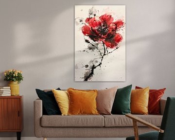 Abstracte aquarel schilderij van een rode bloem van Art & Soul Creations