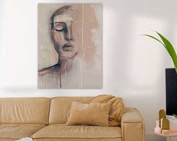 Modern abstract portret in roze tegen een pastelkleurige achtergrond van Carla Van Iersel