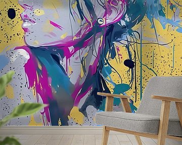 Woman by Abstract Painting