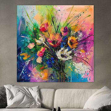 Levendige, kleurrijke bos wilde bloemen schilderij in abstracte stijl.