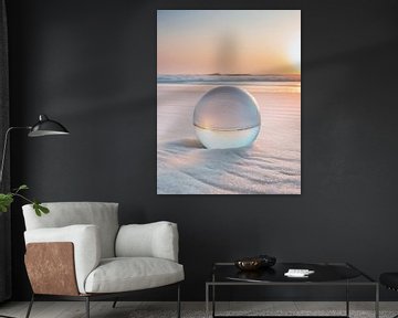 Magische reflectie: glazen bol in de zonsondergang op het strand