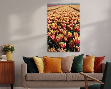 Staande foto van een rij oranje/rode tulpen in een veld