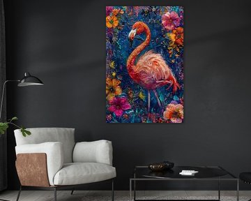 Tropische Serenade - Flamingo te Midden van Bloemenpracht