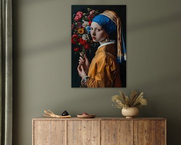 Elegant Meisje met de Parel met bloemen van Steinfox Art