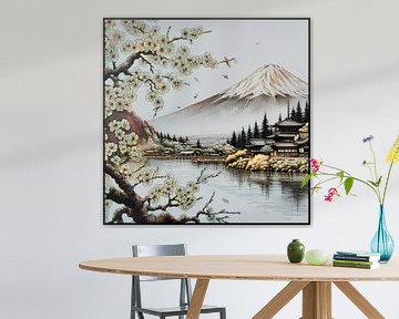 De berg Fuji, bloeiende bomen, tempel en meer van Hey Art!